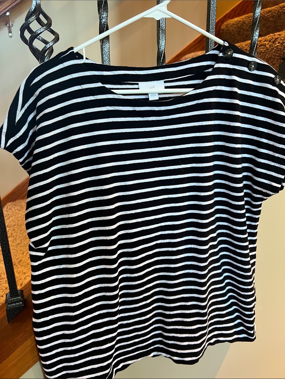 Black and White Striped Button-Shoulder Top capped sleeve